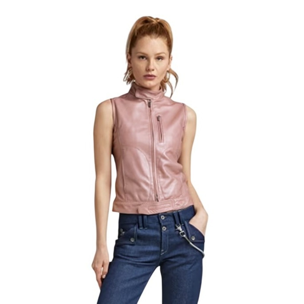 G-Star Raw Women's Y2K Sleeveless Leather Full Zip Vest Pink Metallic Size S NWT